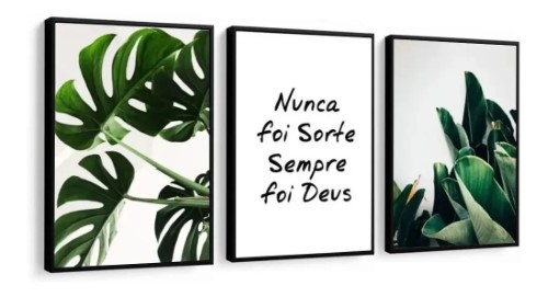 Quadro Decorativo Folhagem Frase Nunca Foi Sorte 48x68 Sala