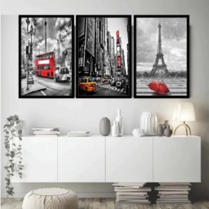 Quadro Decorativo Cidade Londres Paris New York Torre Eiffel