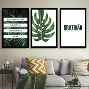 Quadros Decorativos Folhagem Frase Gratidão Moldura Branca